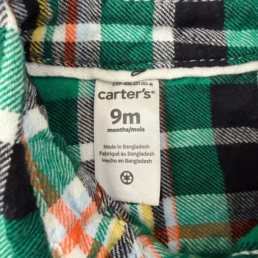 Carters Baby Green Plaid Flannel Button Down‎ Shirt 9 Months
